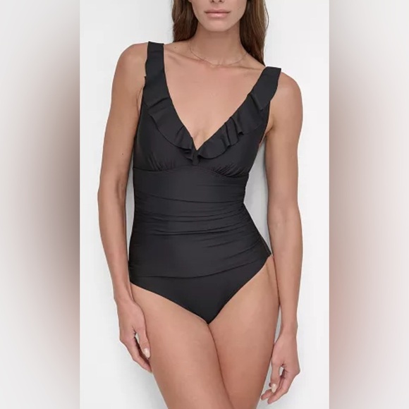 DKNY Ruffle Plunge Tummy Control Swimsuit - Picture 1 of 13